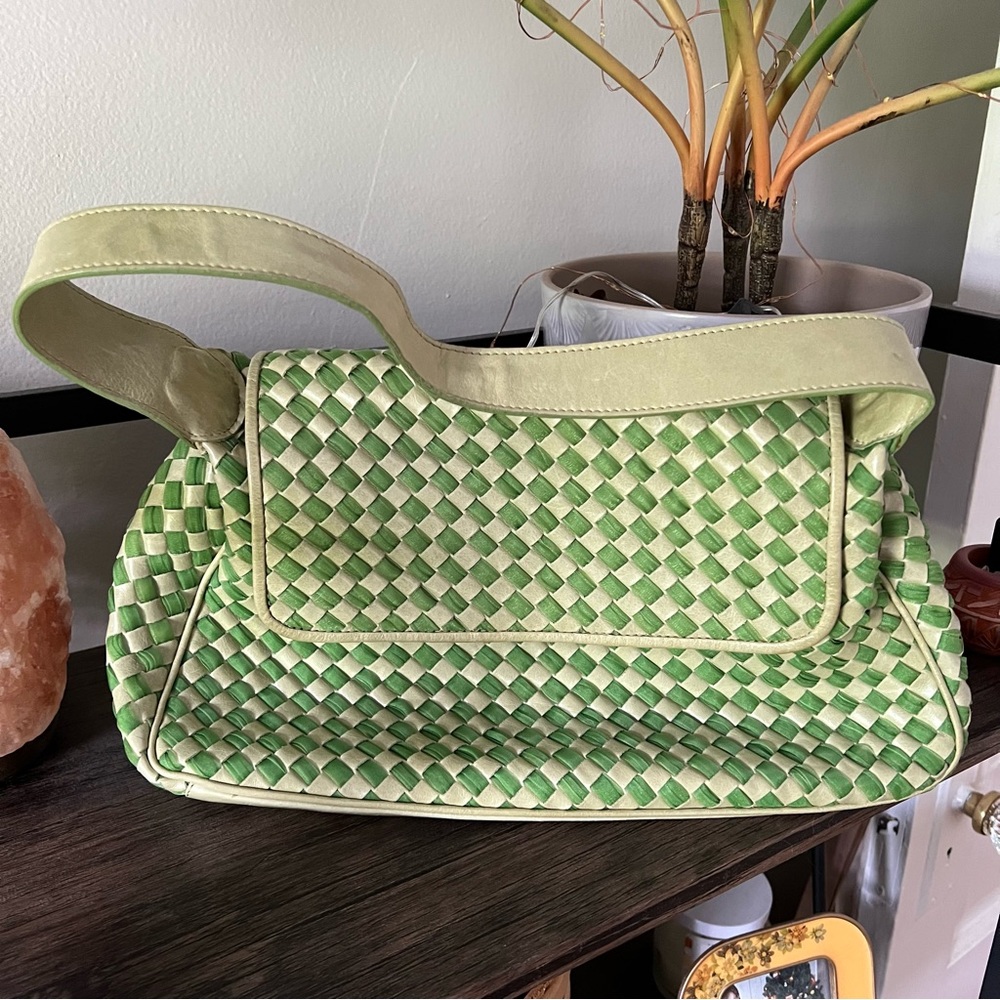 Woven Green Italian Leather Baguette Bag